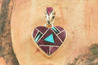 Genuine Purple Spiny Oyster Shell and Turquoise with accents of Black Jade inlaid in Sterling Silver Pendant. Free 18" Sterling Silver Chain with Purchase of Pendant. Beautiful Heart Designed by Navajo Artist Calvin Begay. Signed.